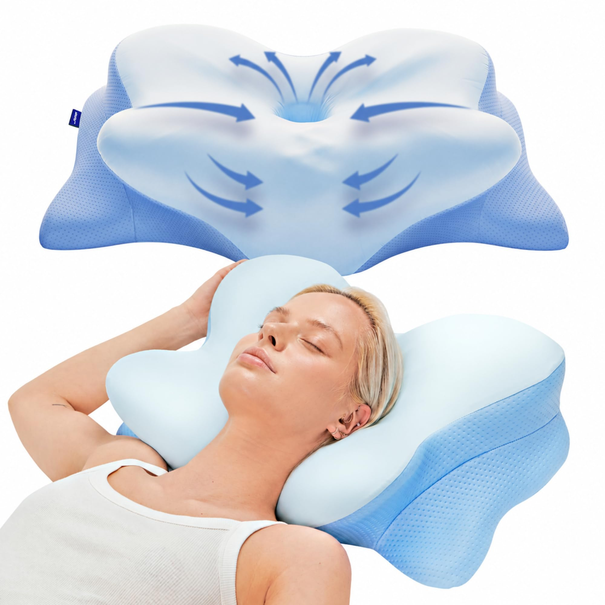 Derila Ergo contours illustrated above a woman resting on the pillow